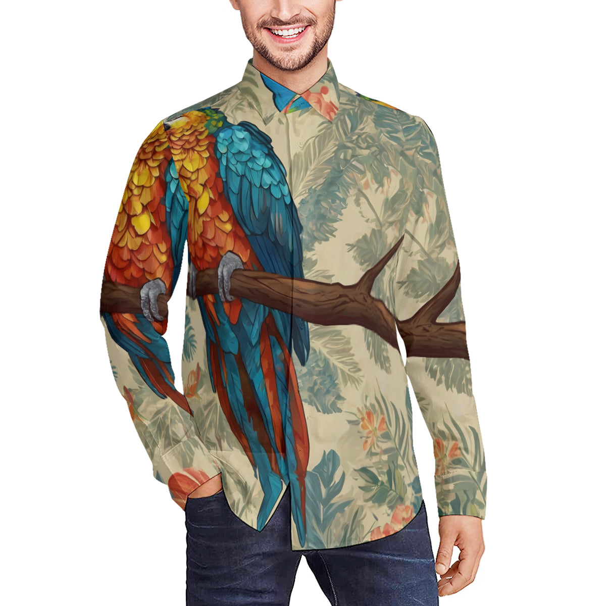 Parrot Design Men's Classic Long-Sleeved Shirt | Polyester