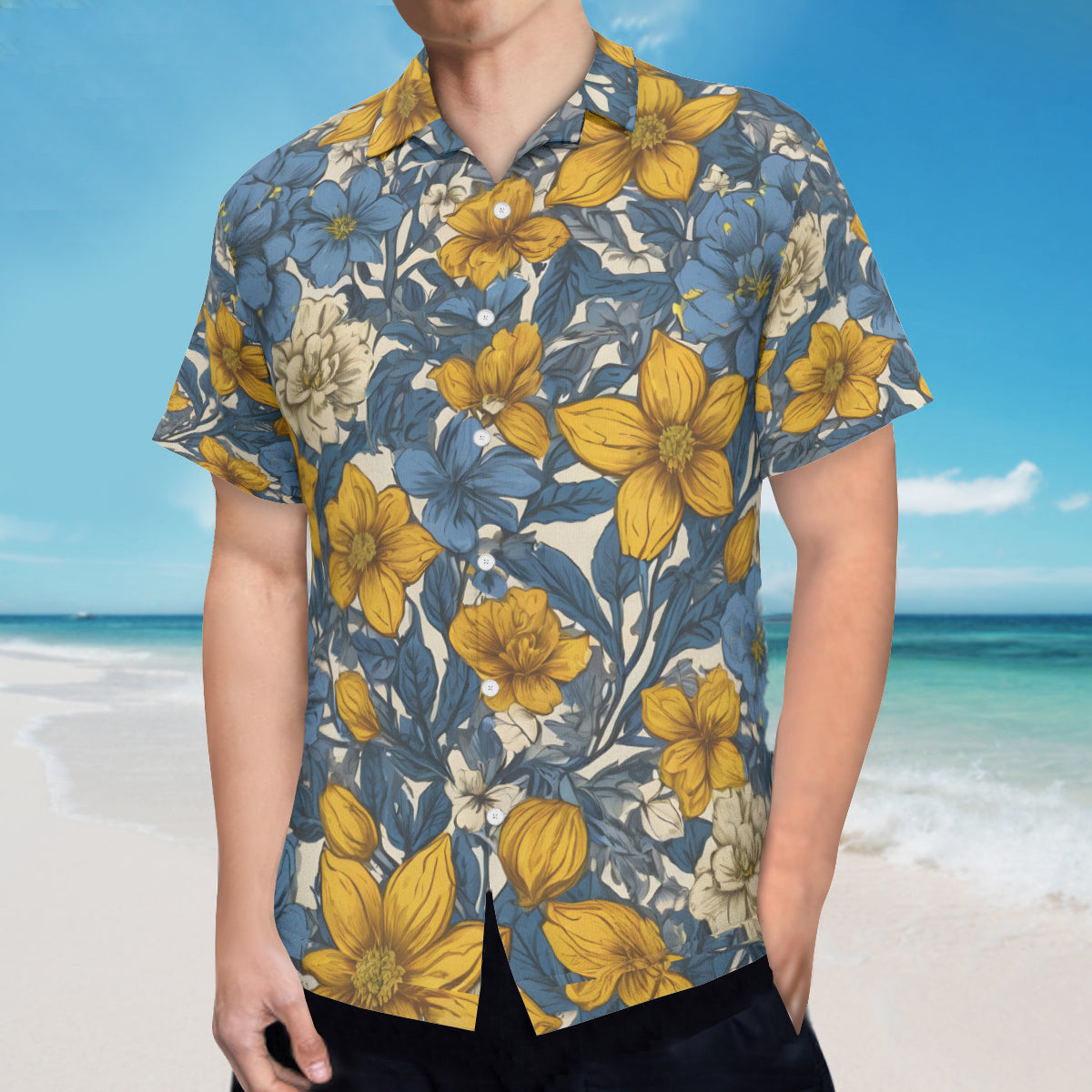 Abstract Yellow Floral Men's Hawaiian Shirt(No chest pocket) | Polyester