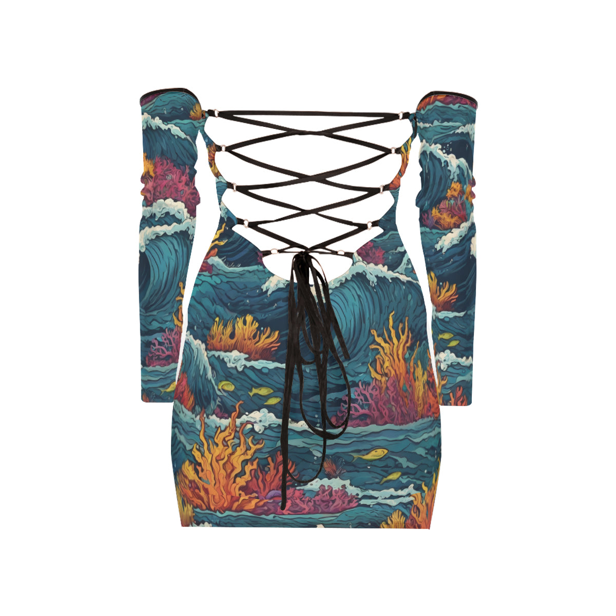 Ocean Waves Women's Off-shoulder Back Lace-up Dress | Polyester