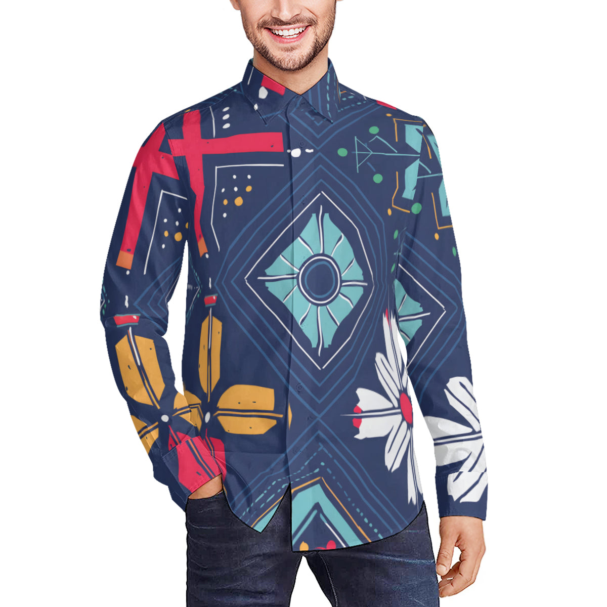 Abstract Pattern Men's Classic Long-Sleeved Shirt | Polyester