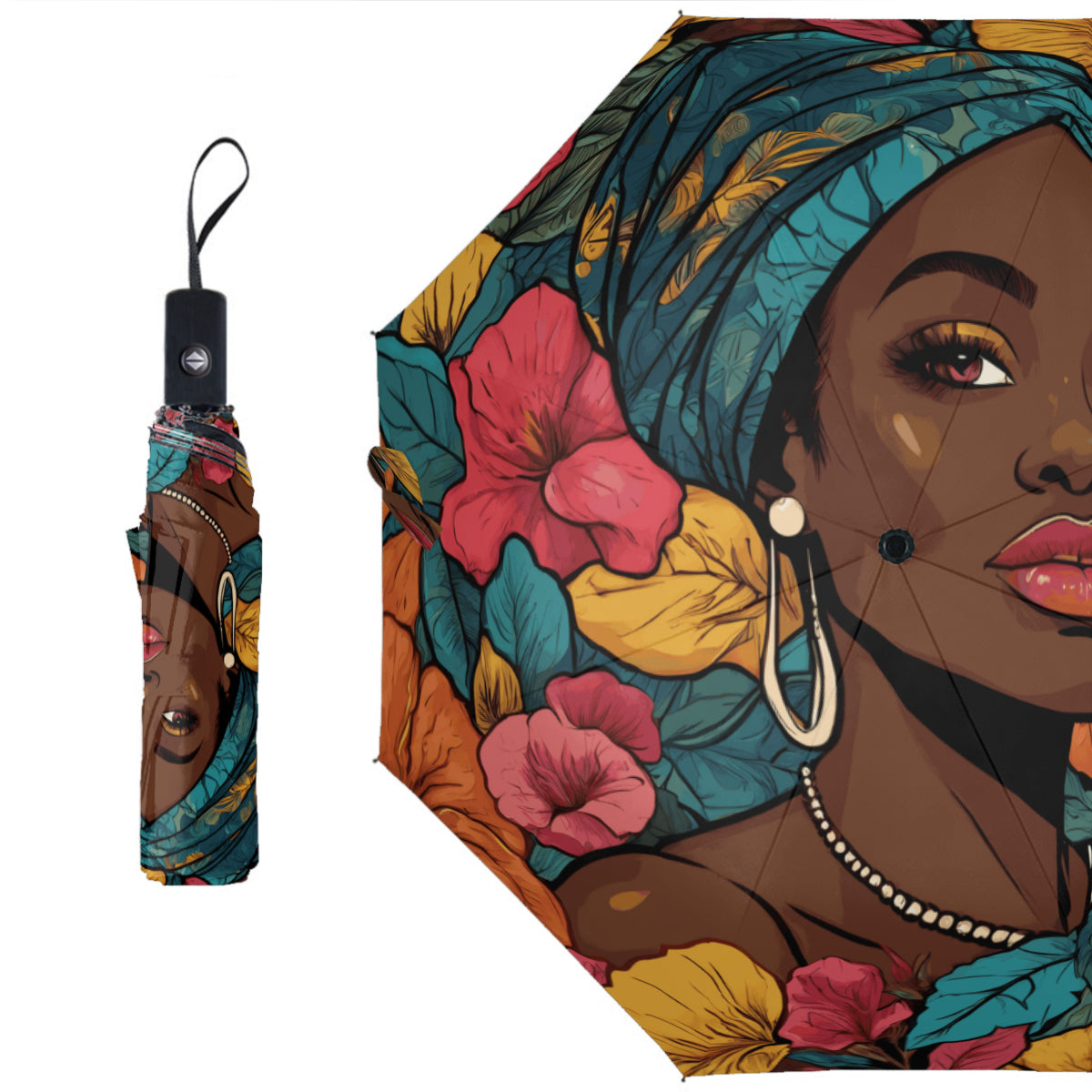 Melanin Queen Automatic Tri-Fold Black Rubber Umbrella (Outside Printing)|Polyester