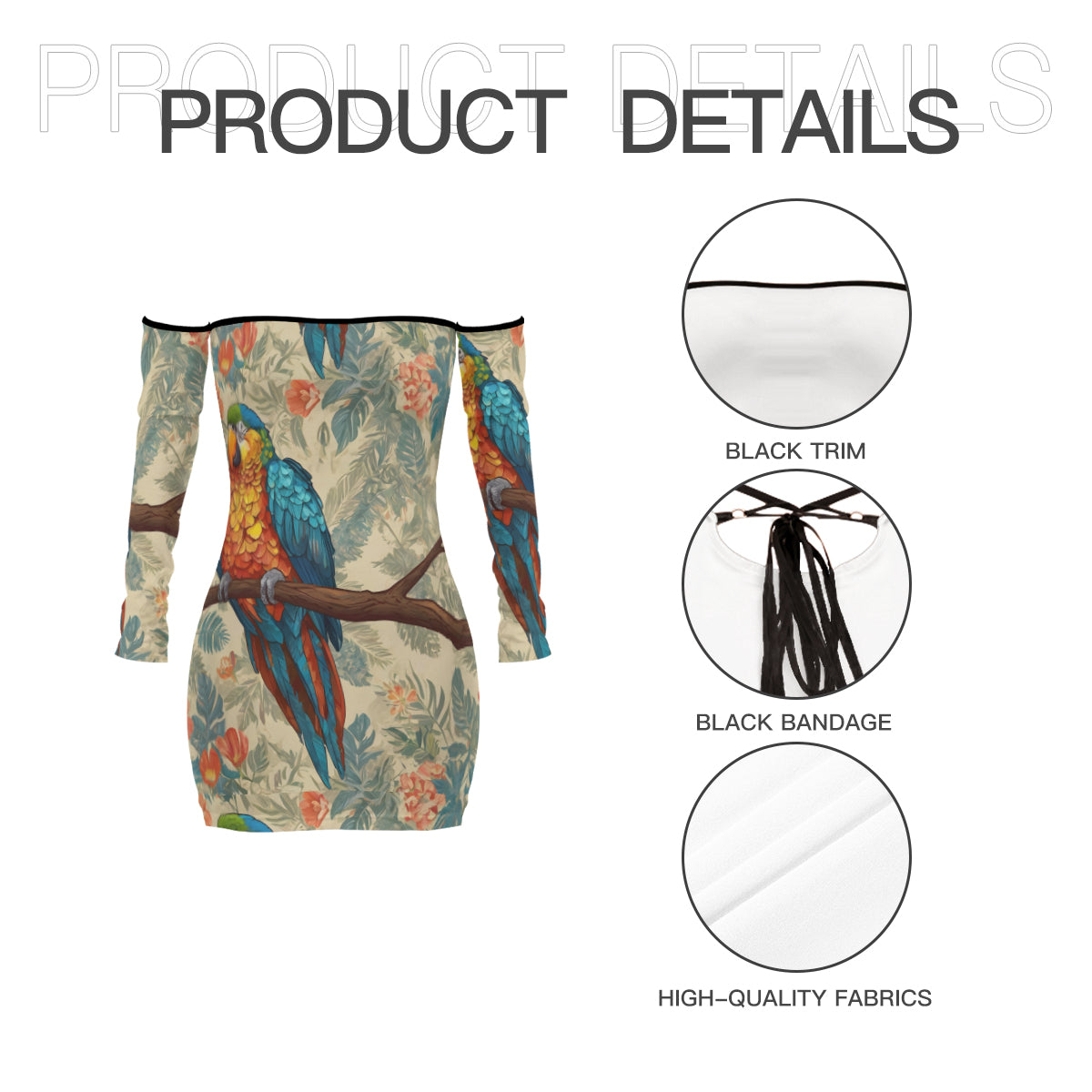 Parrot Design Women's Off-shoulder Back Lace-up Dress | Polyester