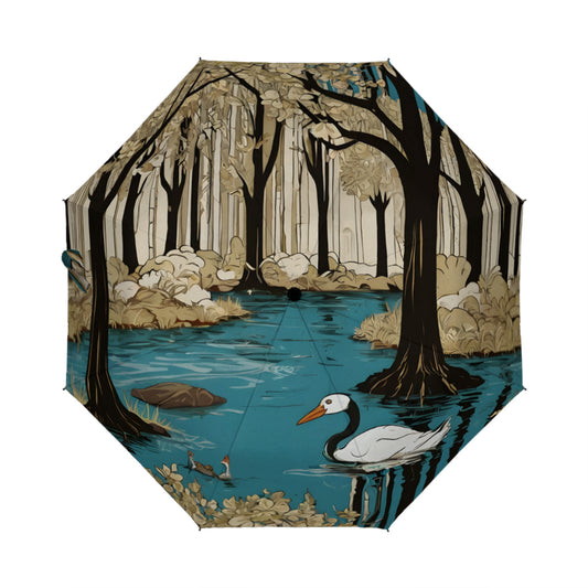 Landscape Wonder Automatic Tri-Fold Black Rubber Umbrella (Outside Printing)|Polyester