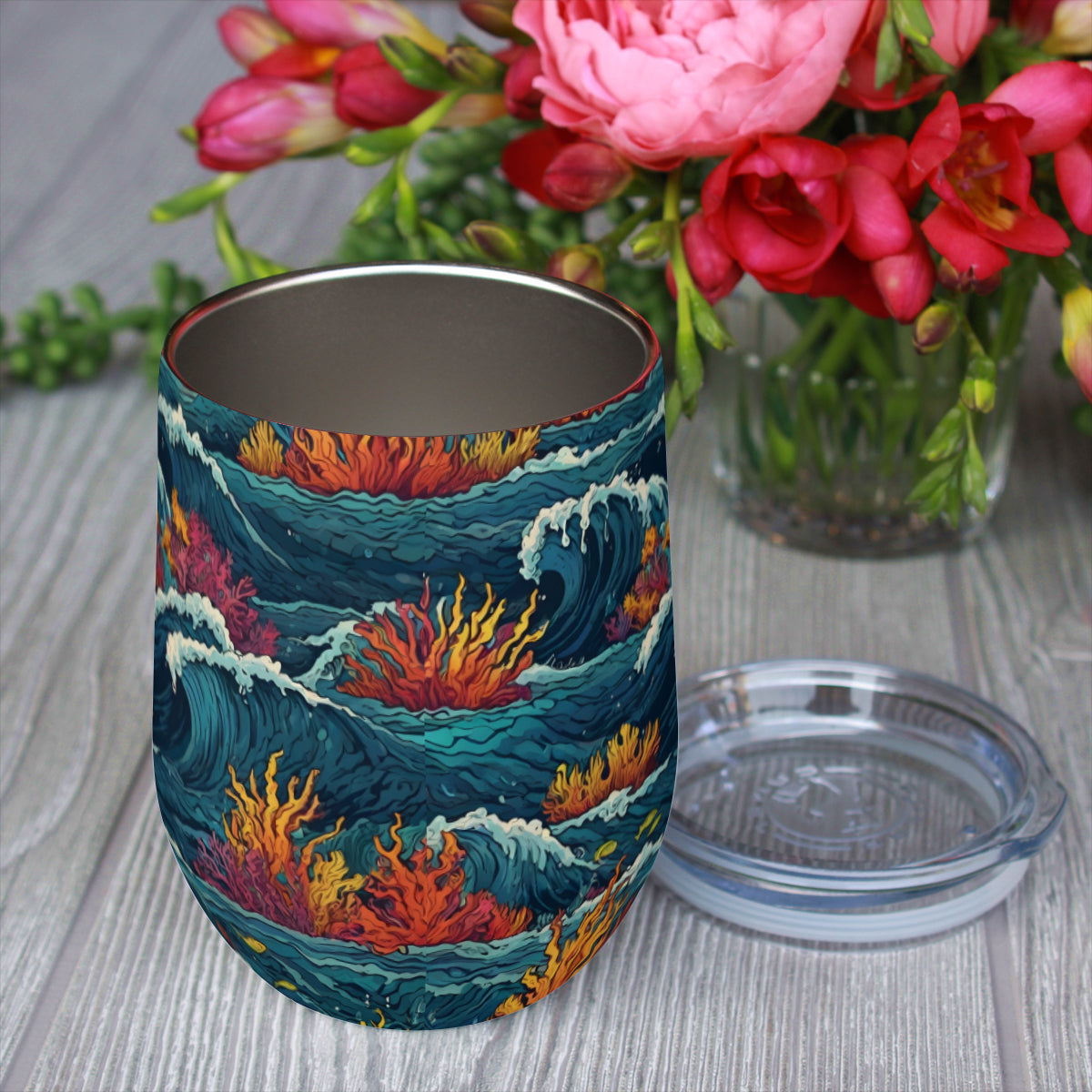 Ocean Waves Stemless Wine Tumbler(350ml/12oz)| Stainless steel 304