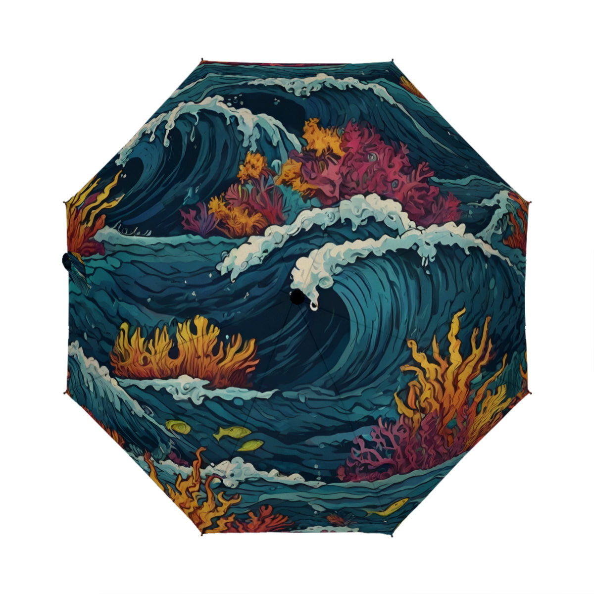 Ocean Waves Automatic Tri-Fold Black Rubber Umbrella (Outside Printing)|Polyester