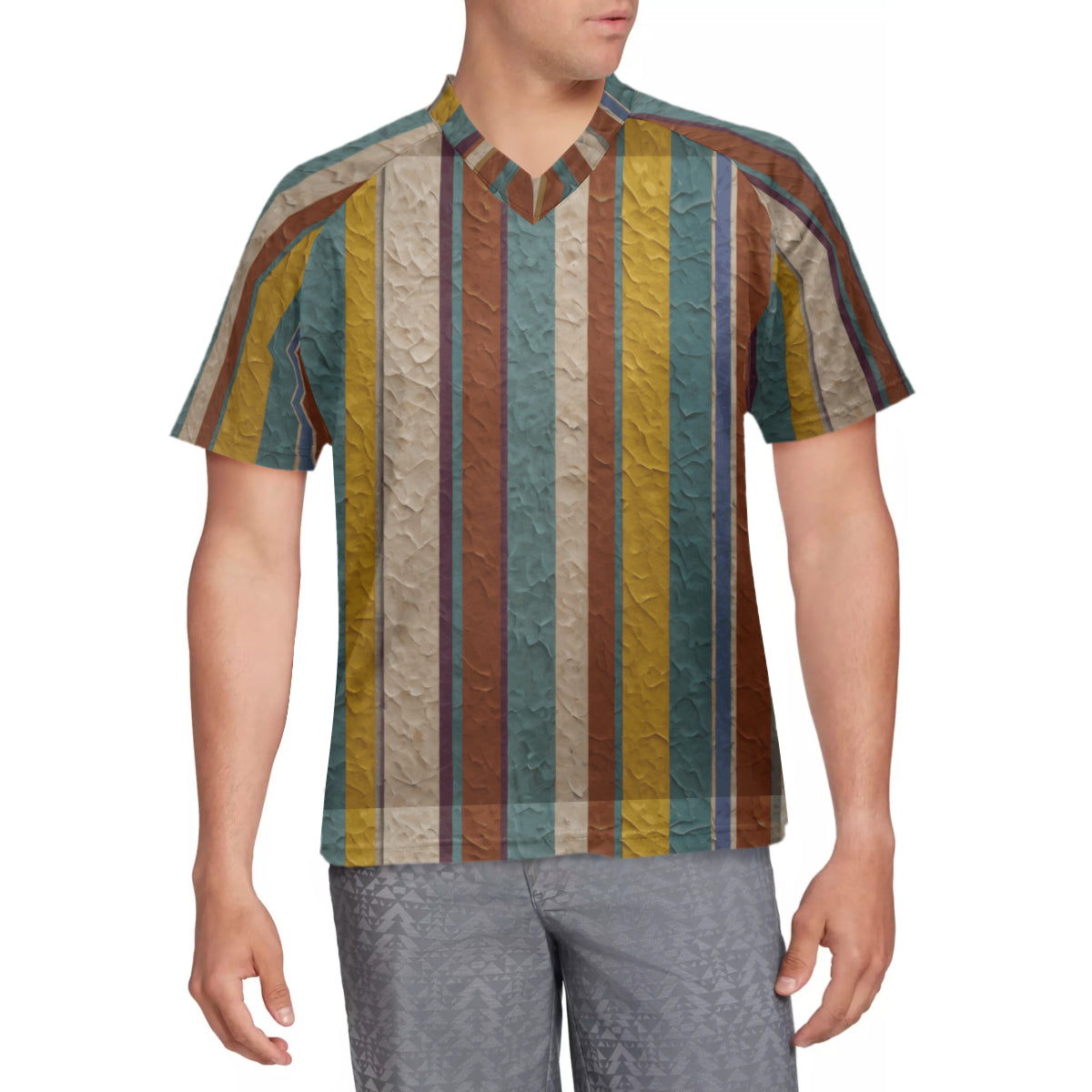 Strip Design Men's V-Neck T-Shirt Men's Jersey | Polyester