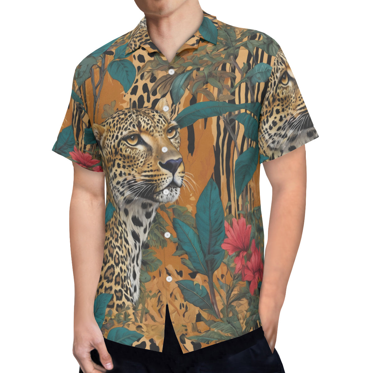 Warrior Leopard All-Over Print Hawaiian Shirt（No chest pocket) | Polyester