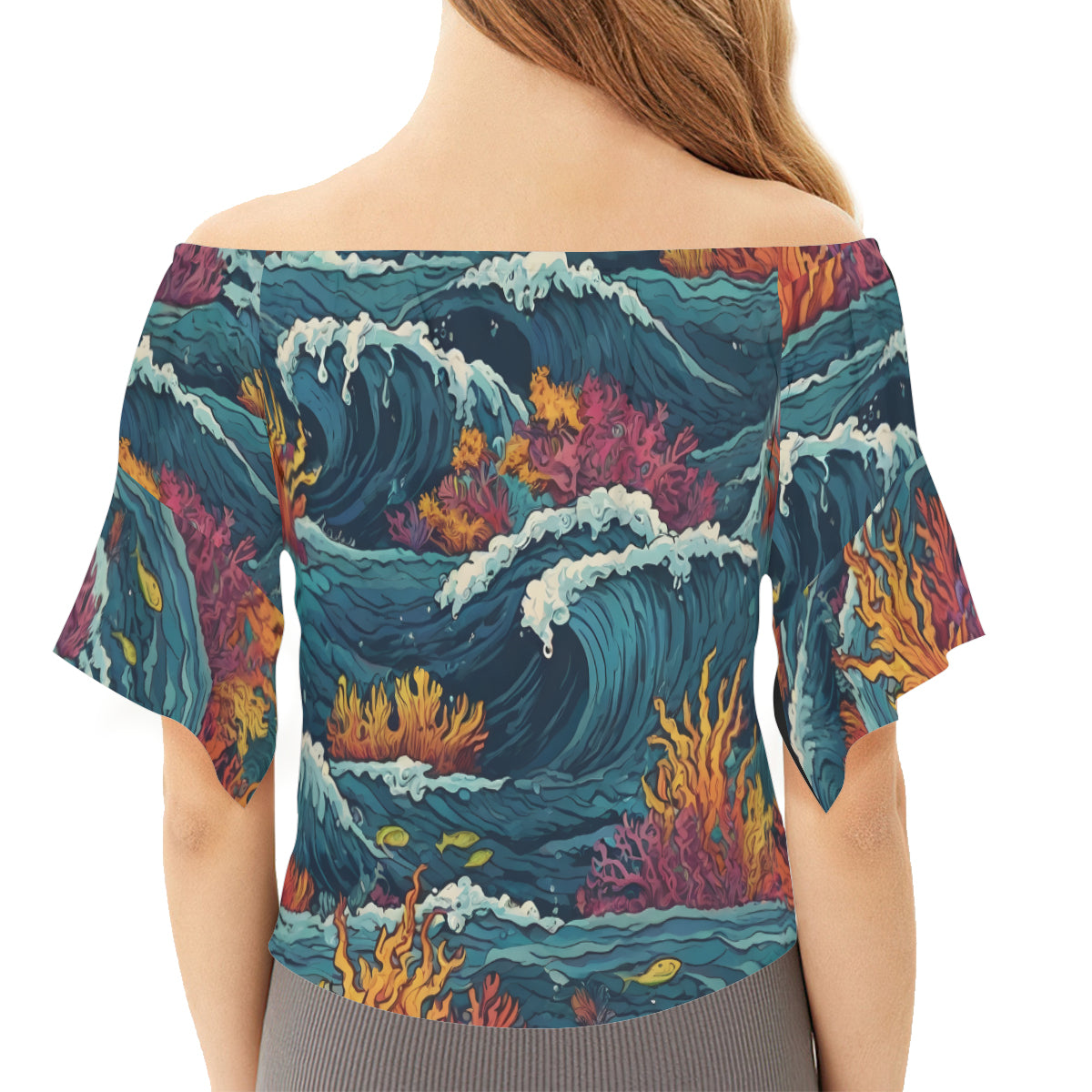 Ocean Waves Women's One-shoulder Tie Short Sleeves T-shirt | Polyester