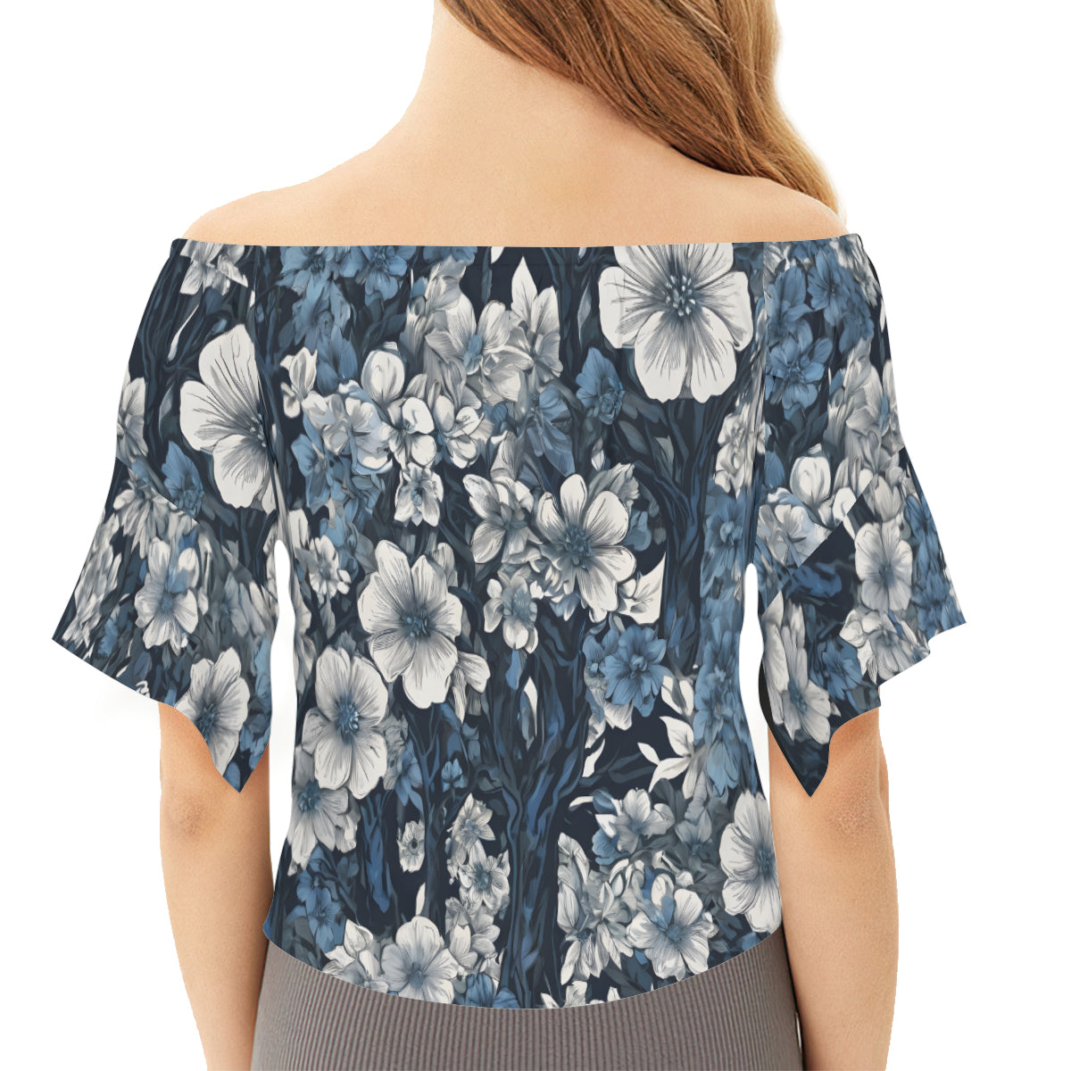 Floral Blue Women's One-shoulder Tie Short Sleeves T-shirt | Polyester