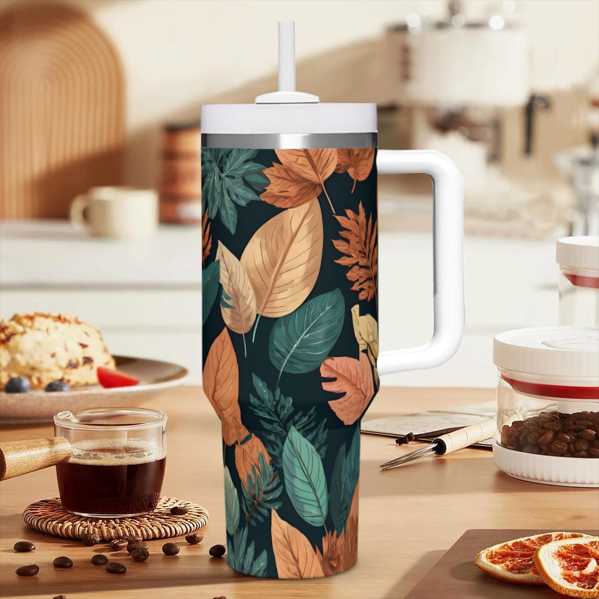 Colorful Leaves Large Capacity Tumbler with Handle(1100ml/40oz) | Stainless Steel 304
