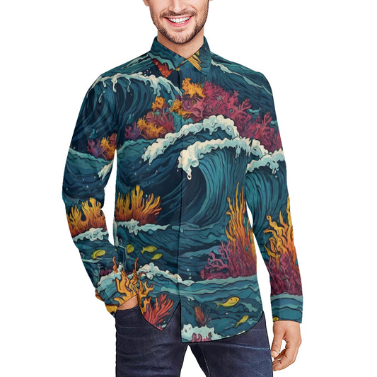 Ocean Waves Men's Classic Long-Sleeved Shirt | Polyester