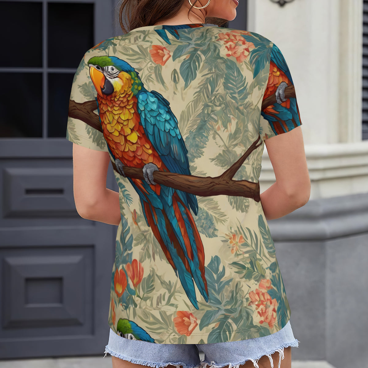 Parrot Design Women's V-Neck Short Sleeve T-Shirt | Polyester