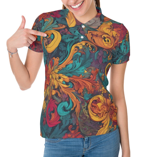 Awesome Flower Design All-Over Print Women's Short-Sleeved Polo Shirt｜Polyester