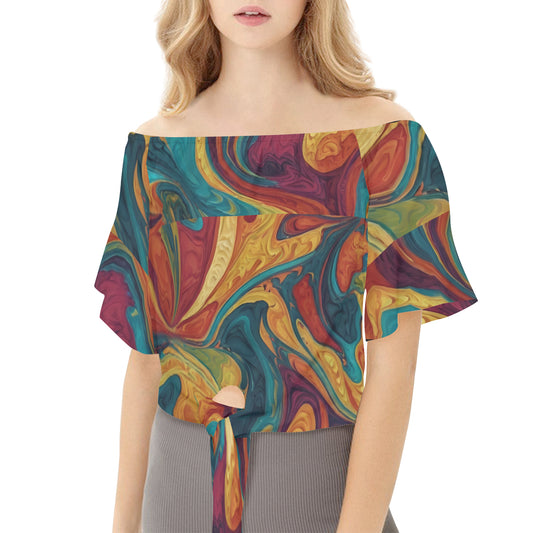 Colorful Design Women's One-shoulder Tie Short Sleeves T-shirt | Polyester