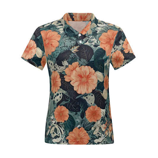 Floral Red Women's Short-Sleeved Polo Shirt