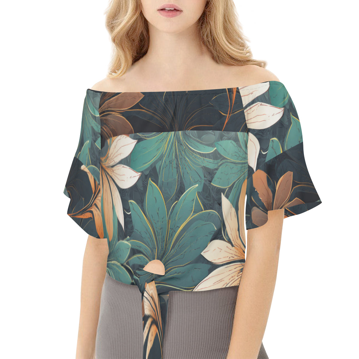 Floral Green Women's One-shoulder Tie Short Sleeves T-shirt