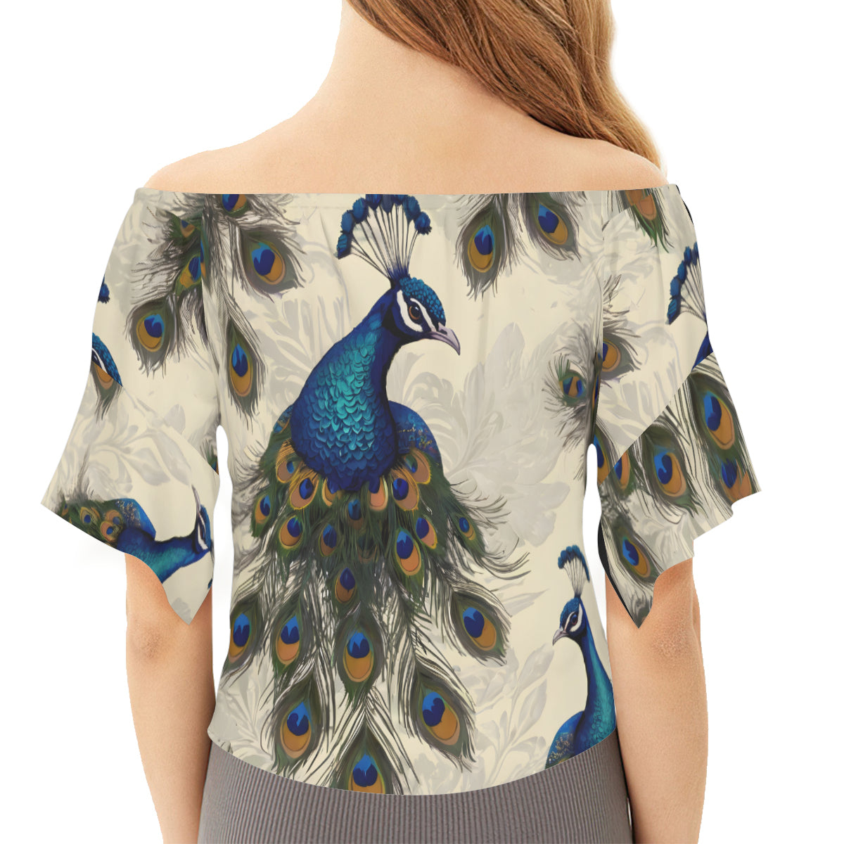 Peacock Design Women's One-shoulder Tie Short Sleeves T-shirt | Polyester