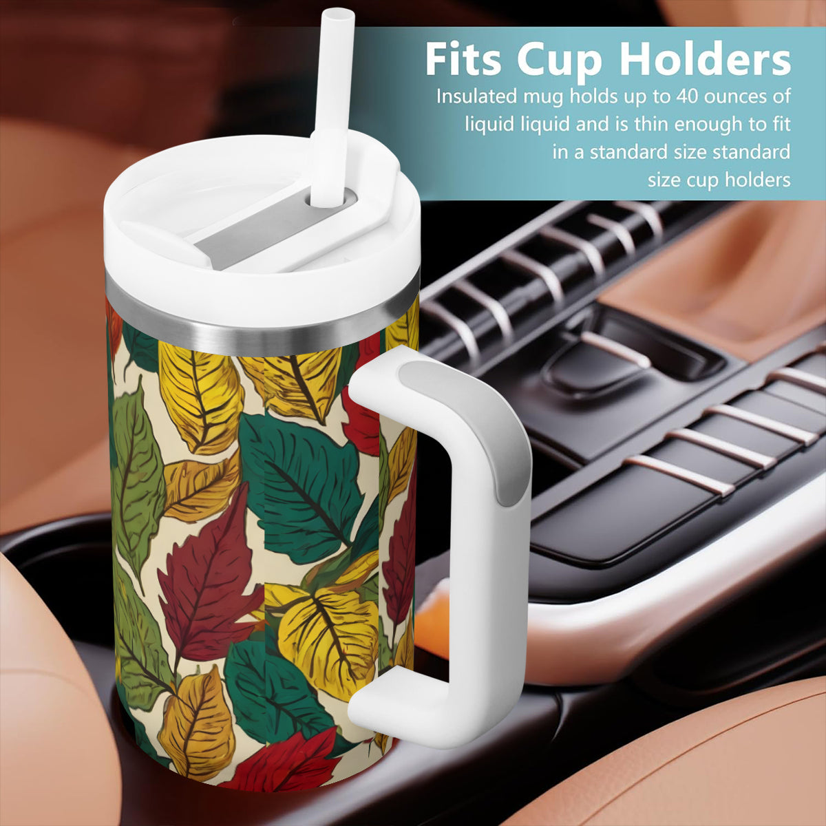 Awesome Leaves Large Capacity Tumbler with Handle(1100ml/40oz) | Stainless Steel 304