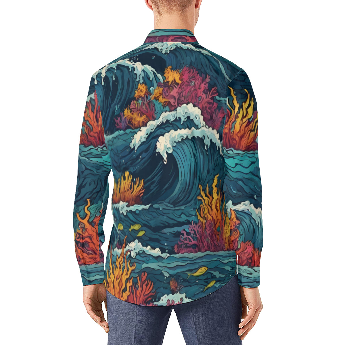 Ocean Waves Men's Classic Long-Sleeved Shirt | Polyester