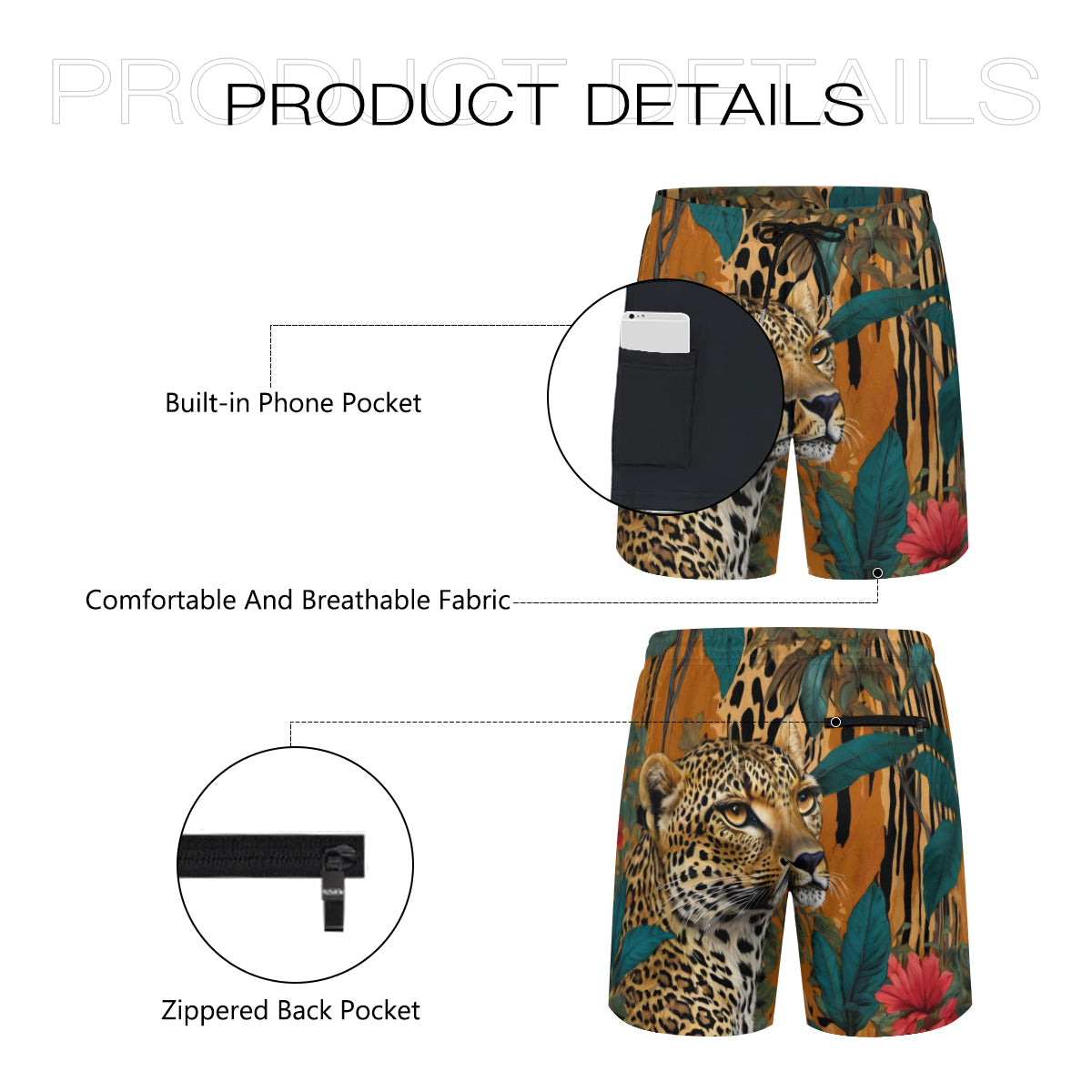 Warrior Leopard Men's Casual Shorts Double-Layer Sports Beach Shorts (Multi-Faceted Design) | Polyester