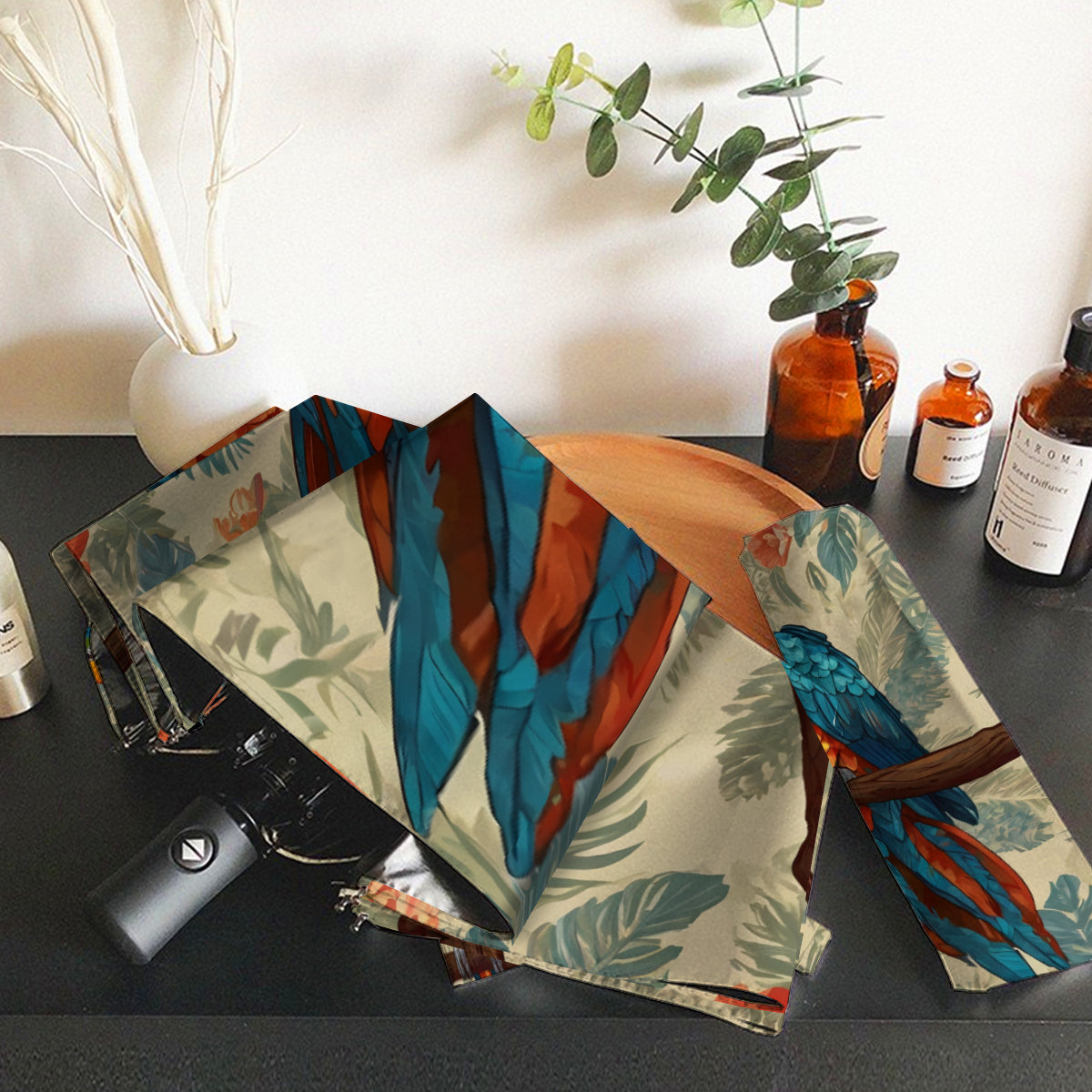 Parrot Design Automatic Tri-Fold Black Rubber Umbrella (Outside Printing)｜Polyester