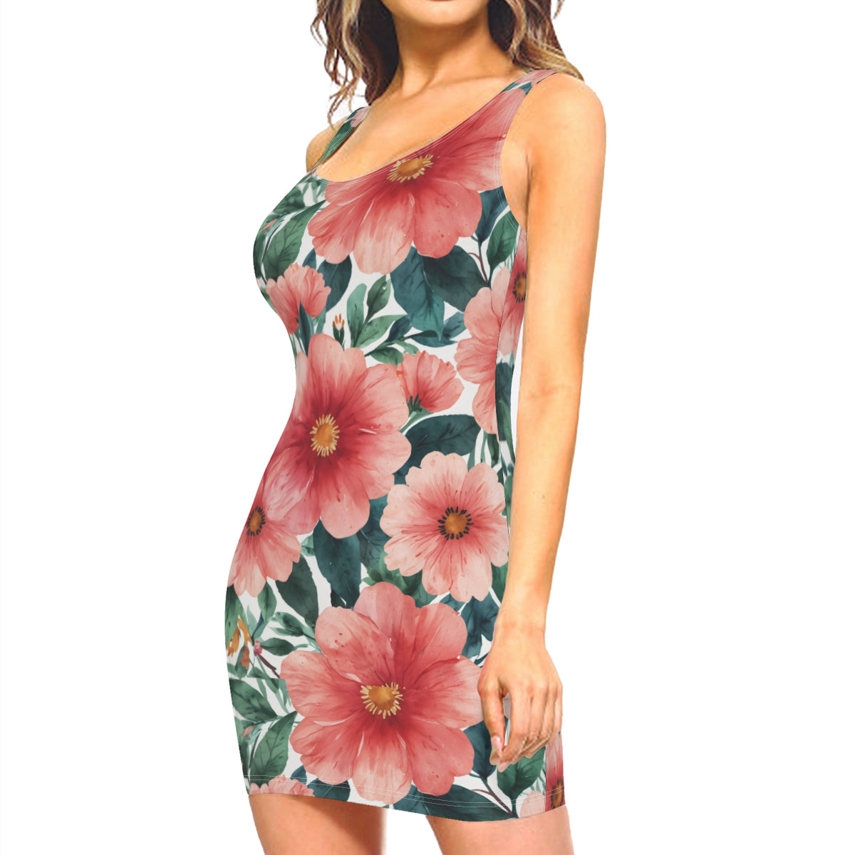 Pink Floral Sleeveless Slim-Fit Euro-Size Tank Slip Dress | Polyester