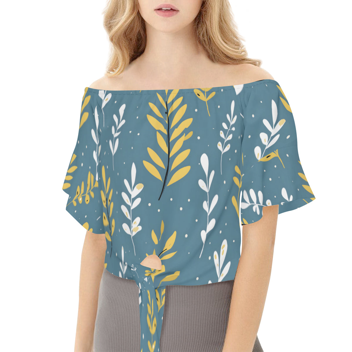 Floral Blue Women's One-shoulder Tie Short Sleeves T-shirt | Polyester