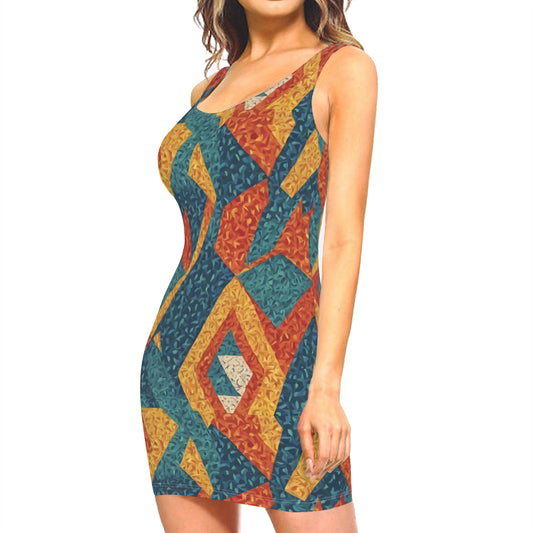 Abstract Pattern Sleeveless Slim-Fit Euro-Size Tank Slip Dress | Polyester