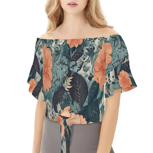 Floral Red Women's One-shoulder Tie short sleeves