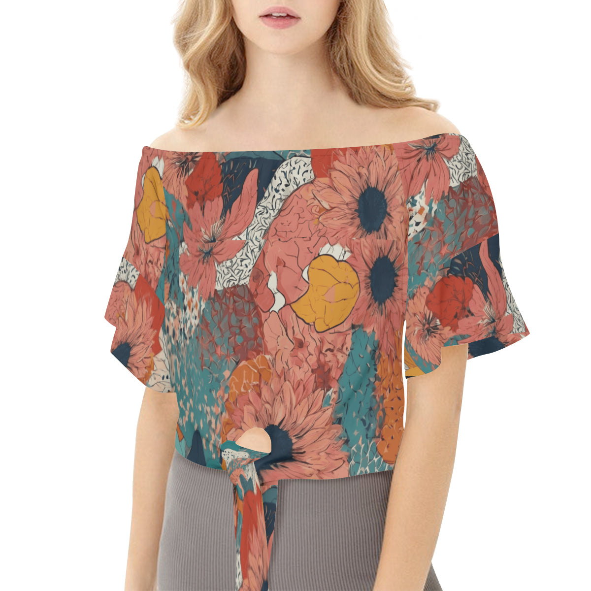 Awesome Floral Women's One-shoulder Tie Short Sleeves T-shirt | Polyester