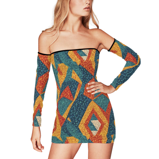 Abstract Pattern Women's Off-shoulder Back Lace-up Dress | Polyester