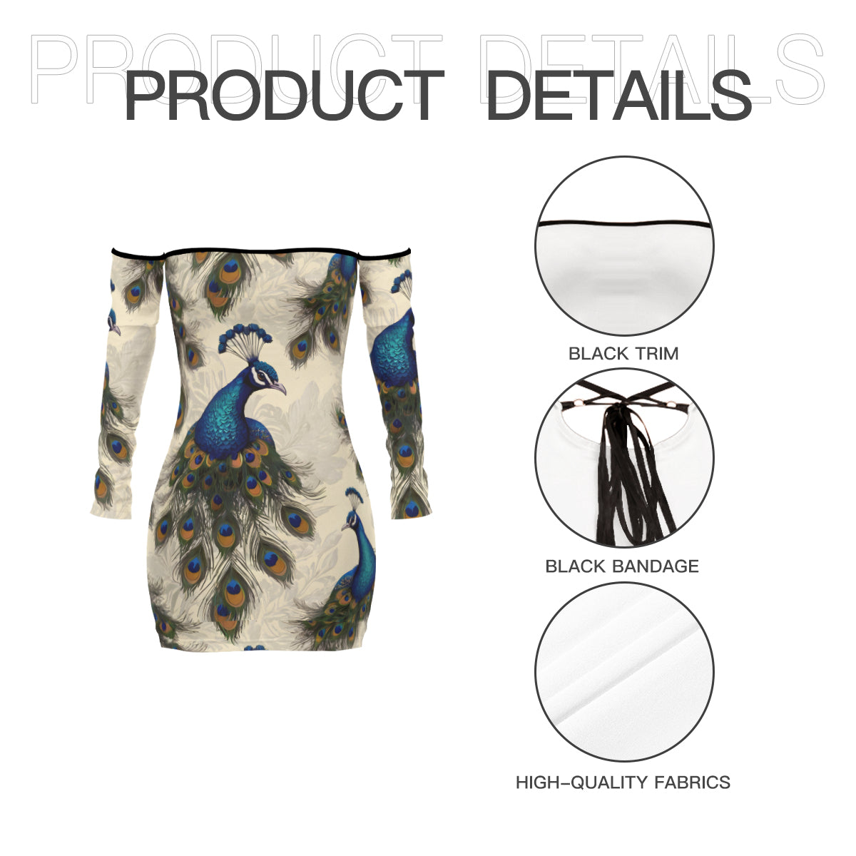 Peacock Design Women's Off-shoulder Back Lace-up Dress | Polyester