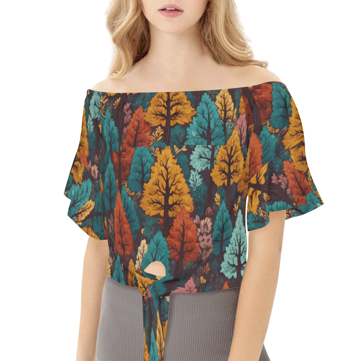 Beautiful Floral Women's One-shoulder Tie Short Sleeves T-shirt | Polyester