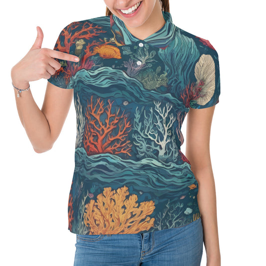 Under Sea Beauty All-Over Print Women's Short-Sleeved Polo Shirt｜Polyester