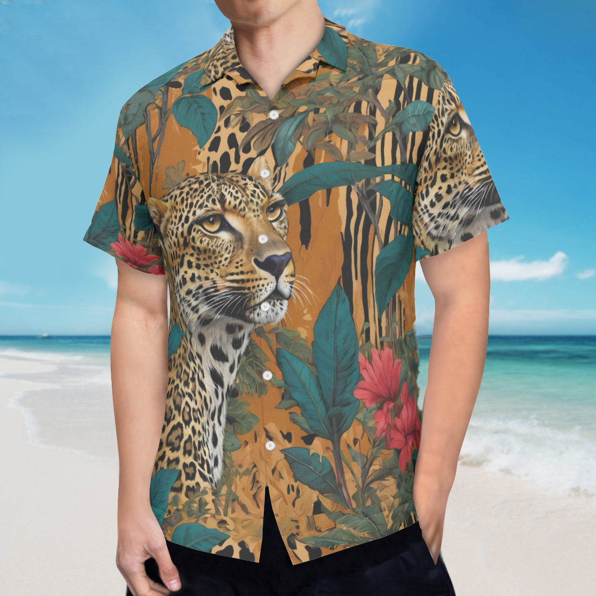 Warrior Leopard All-Over Print Hawaiian Shirt（No chest pocket) | Polyester