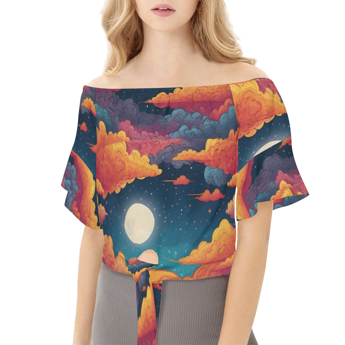 Sky Beauty Abstract Women's One-shoulder Tie Short Sleeves T-shirt | Polyester