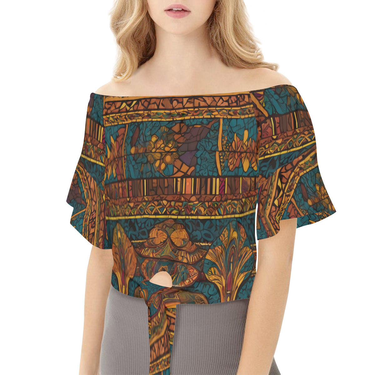 African Design Women's One-shoulder Tie Short Sleeves T-shirt | Polyester