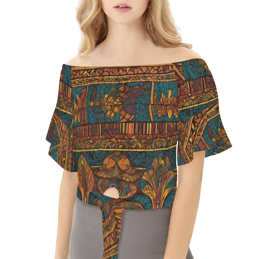 African Design Women's One-shoulder Tie Short Sleeves T-shirt | Polyester