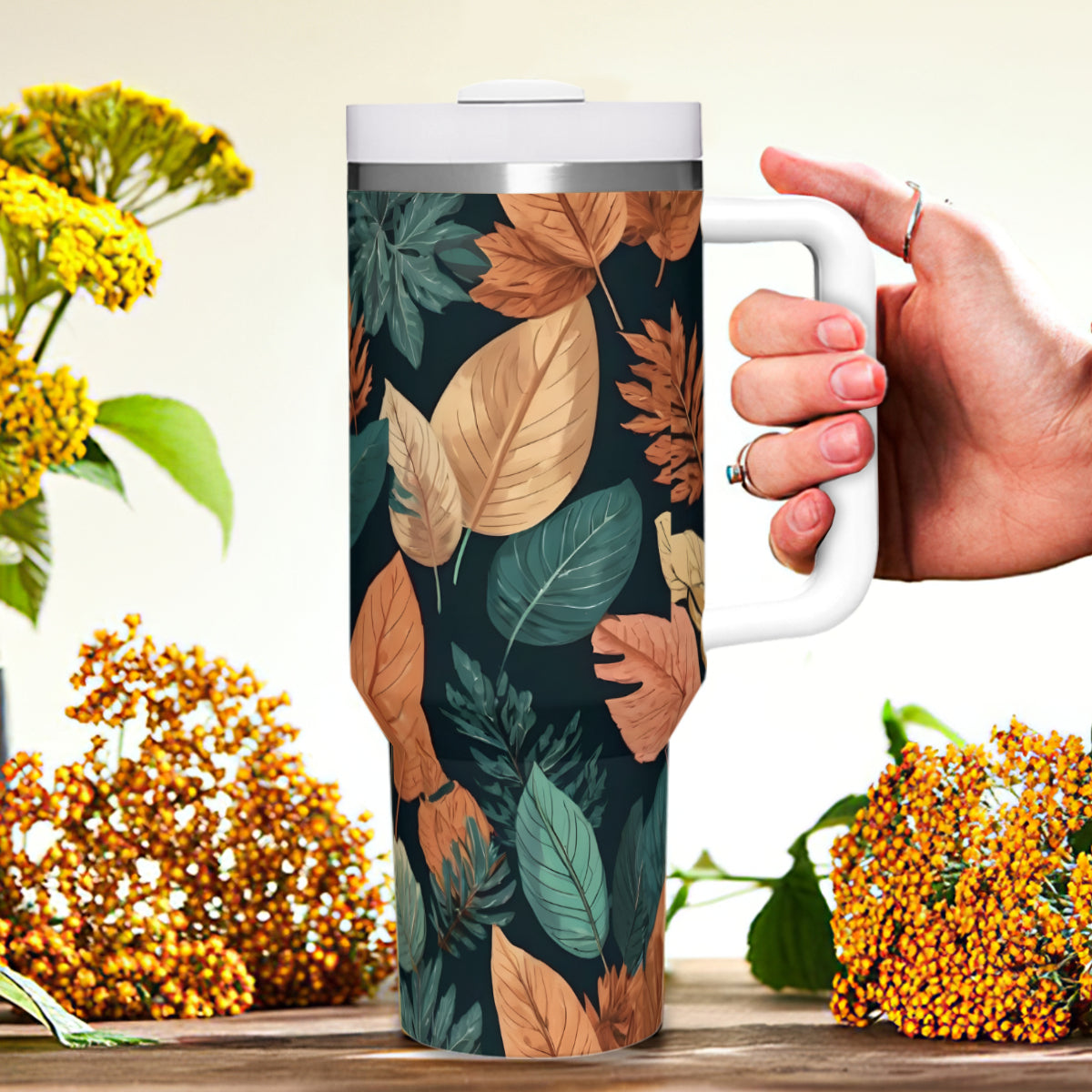 Colorful Leaves Large Capacity Tumbler with Handle(1100ml/40oz) | Stainless Steel 304