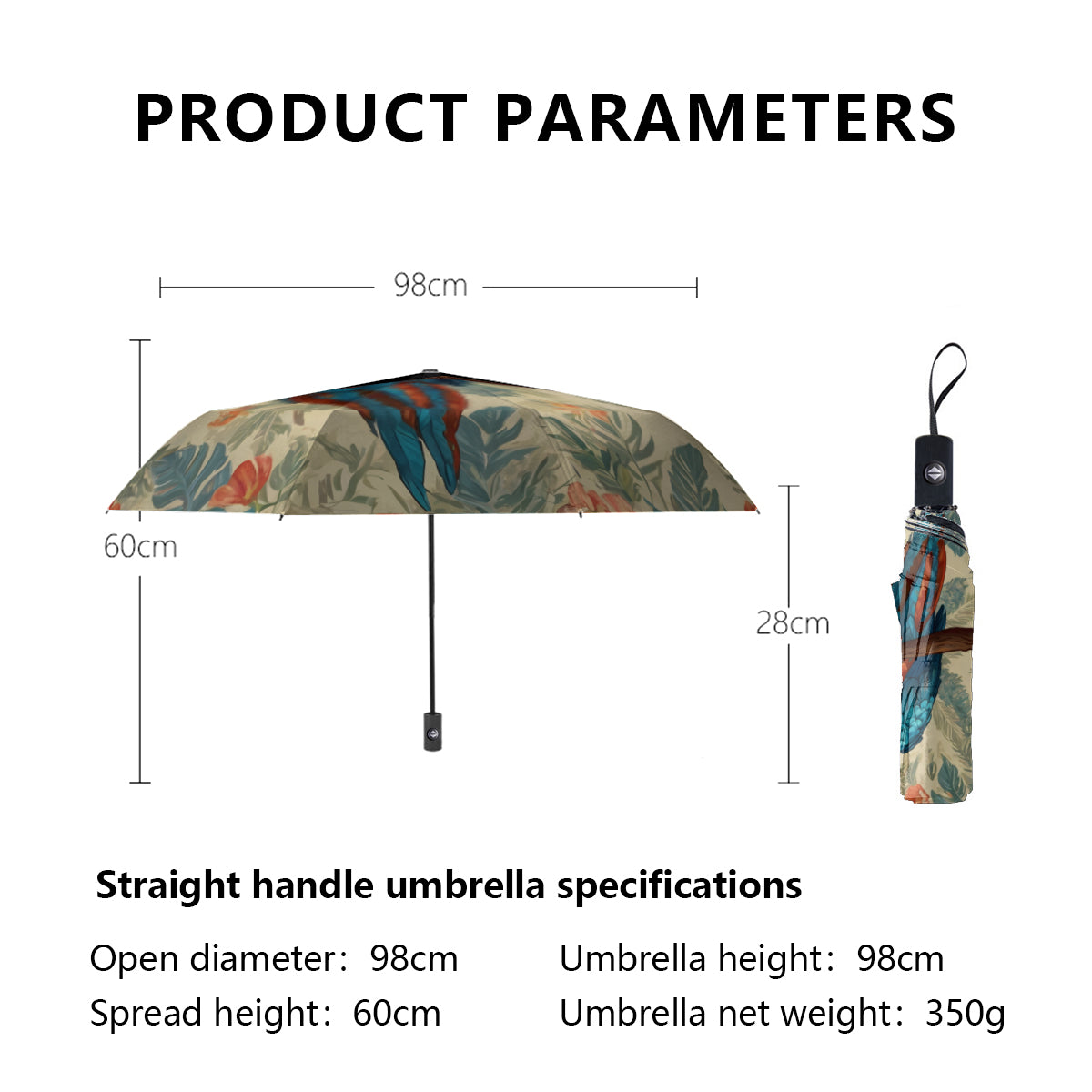Parrot Design Automatic Tri-Fold Black Rubber Umbrella (Outside Printing)｜Polyester