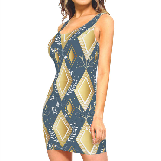 Abstract Gold  Sleeveless Slim-Fit Euro-Size Tank Slip Dress