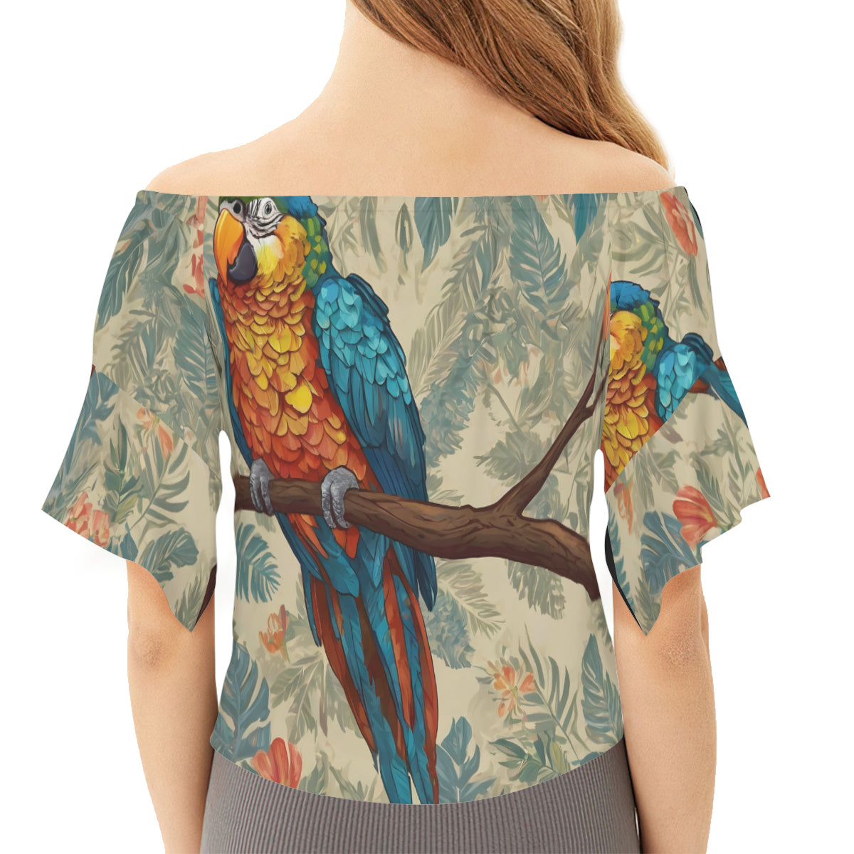 Parrot Design Women's One-shoulder Tie Short Sleeves T-shirt | Polyester