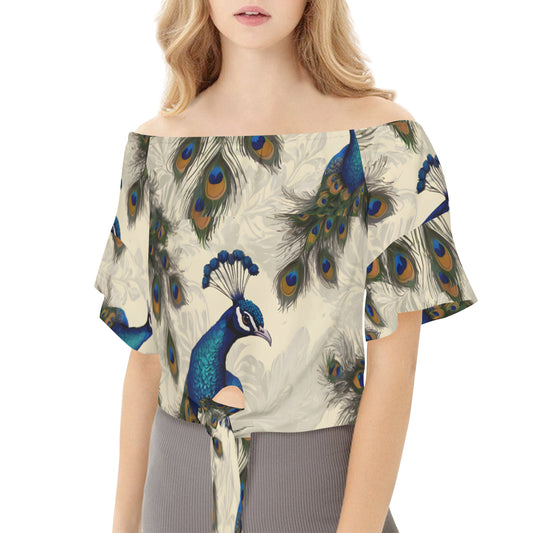 Peacock Design Women's One-shoulder Tie Short Sleeves T-shirt | Polyester