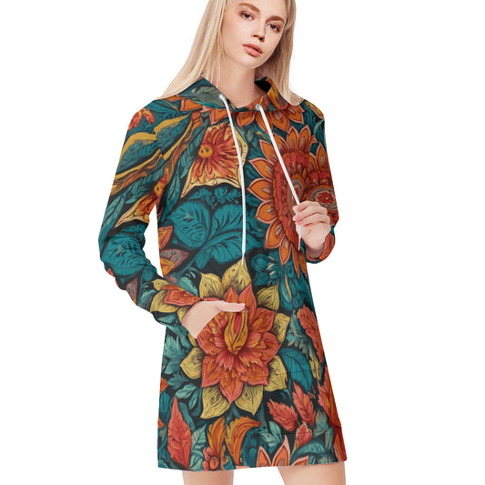 Floral Red Women Long Sleeve Casual Hoodie Sweatshirt Dress