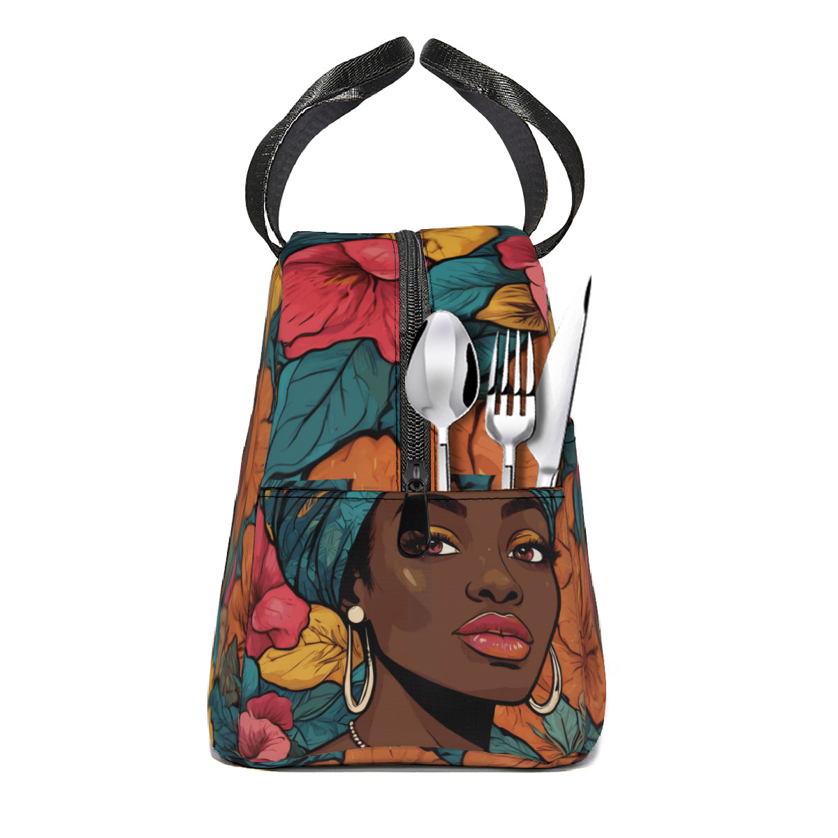 Melanin Queen personalised canvas handheld insulated lunch bag (with side pocket)｜Polyester