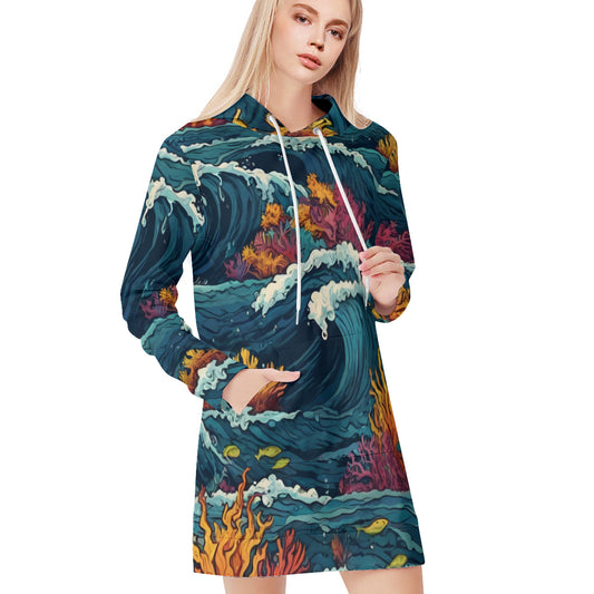 Ocean Waves Women Long Sleeve Casual Hoodie Sweatshirt Dress