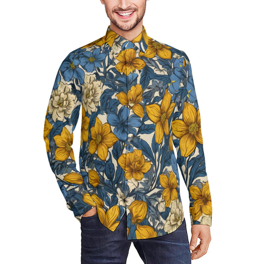 Abstract Yellow Floral Men's Classic Long-Sleeved Shirt | Polyester