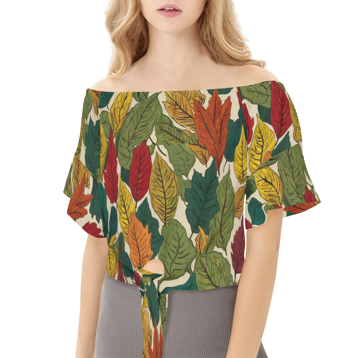 Awesome Leaves Women's One-shoulder Tie Short Sleeves T-shirt | Polyester