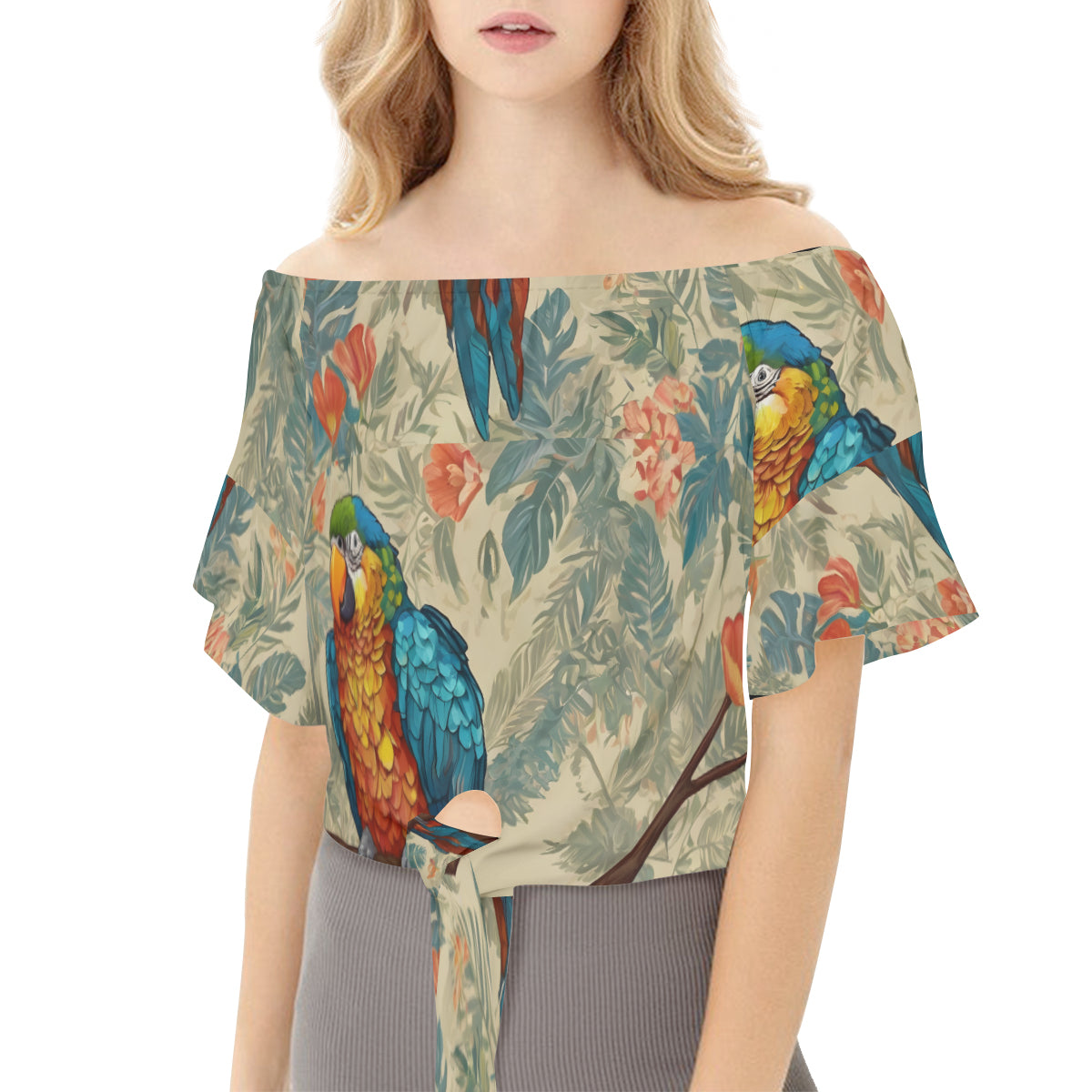 Parrot Design Women's One-shoulder Tie Short Sleeves T-shirt | Polyester