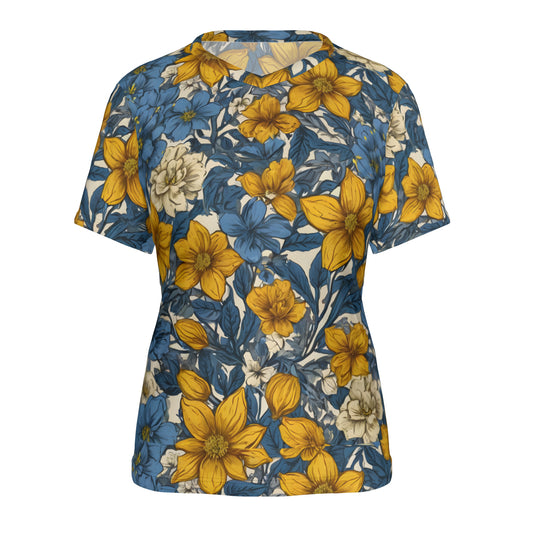Floral Yellow Abstract Women's V-Neck Short Sleeve T-Shirt | Polyester